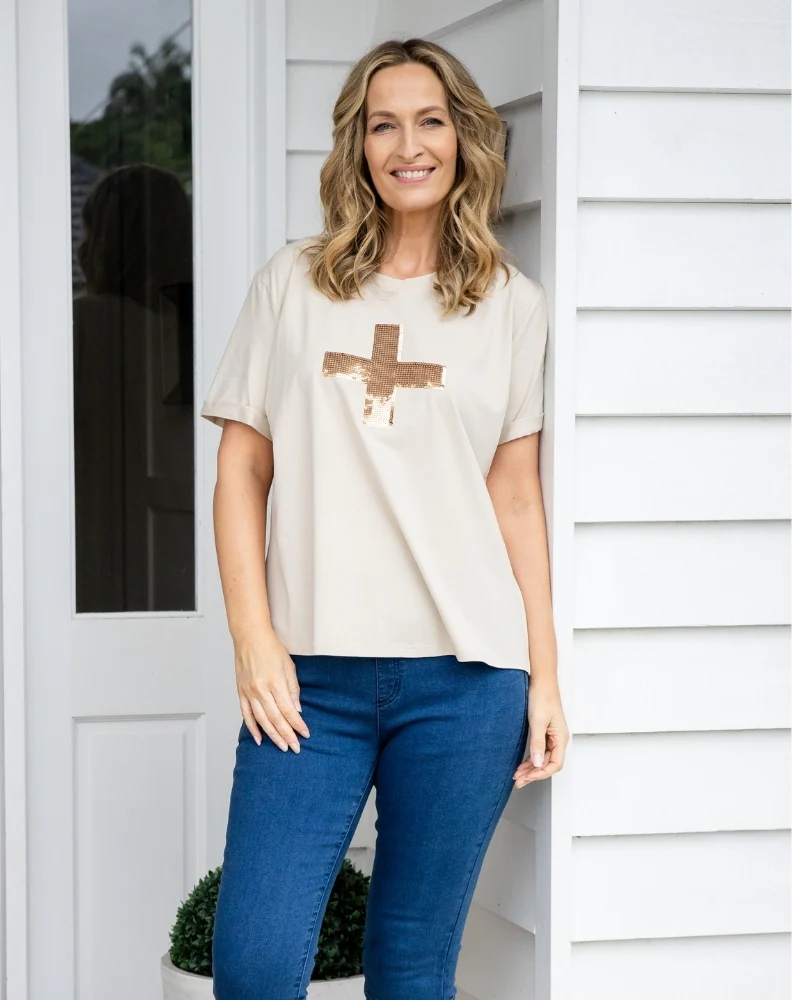 Cross Sequin Tee - Beige - Image 10