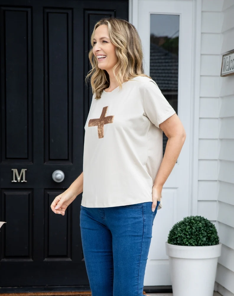 Cross Sequin Tee - Beige - Image 7